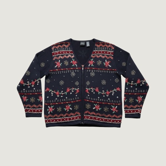 Erika Sweaters - Vtg Christmas Sweater Black Beaded Sequin Poinsettia Snowflake Zip Up Womens XL